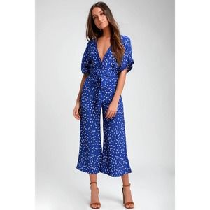 Faithfull the Brand La Villa Cobalt Blue Floral Print Wide-Leg Jumpsuit